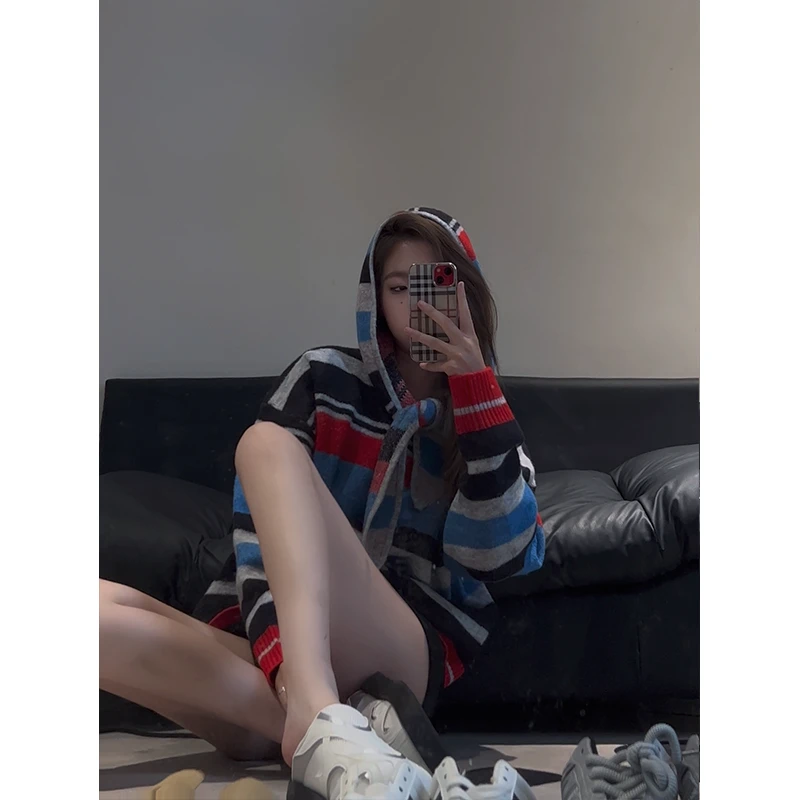 2025秋季新款甜美风时尚气质撞色条纹针织上衣高腰显瘦休闲短裙女