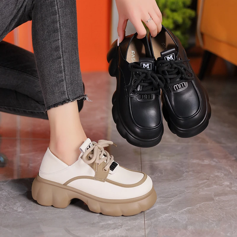 厚底乐福鞋圆头乐福鞋复古英伦风系带休闲百搭粗跟松糕底高跟时尚