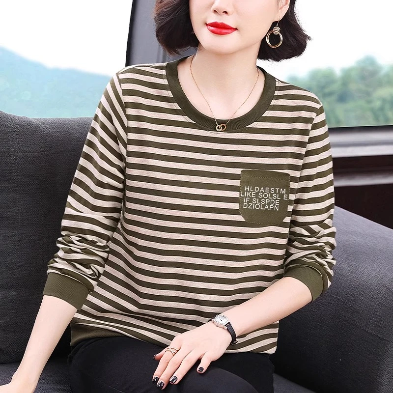 中年妈妈装长袖t恤女2026春秋新款宽松大码条纹上衣洋气打底衫潮