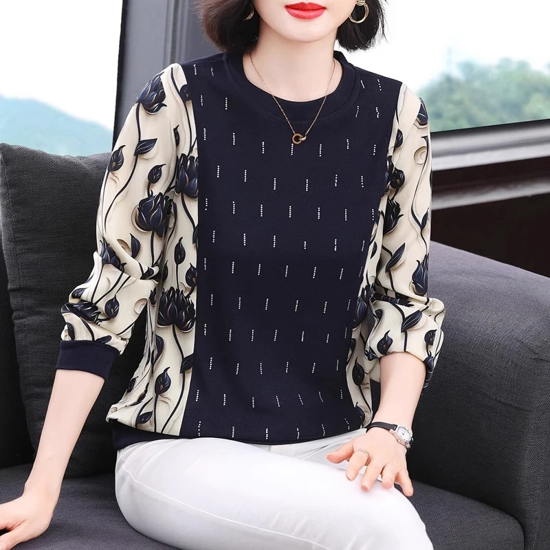 中年妈妈雪纺针织拼接长袖T恤女秋装2025新款圆领大码上衣打底衫
