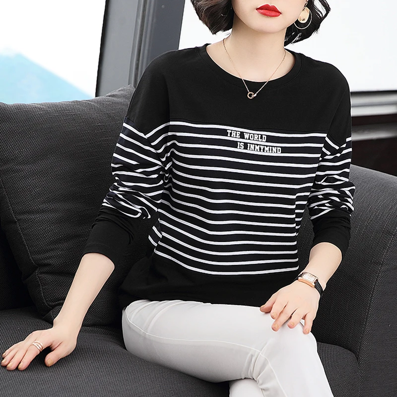 早春纯棉黑白条纹t恤女长袖宽松中年女士圆领体恤衫春秋妈妈上衣