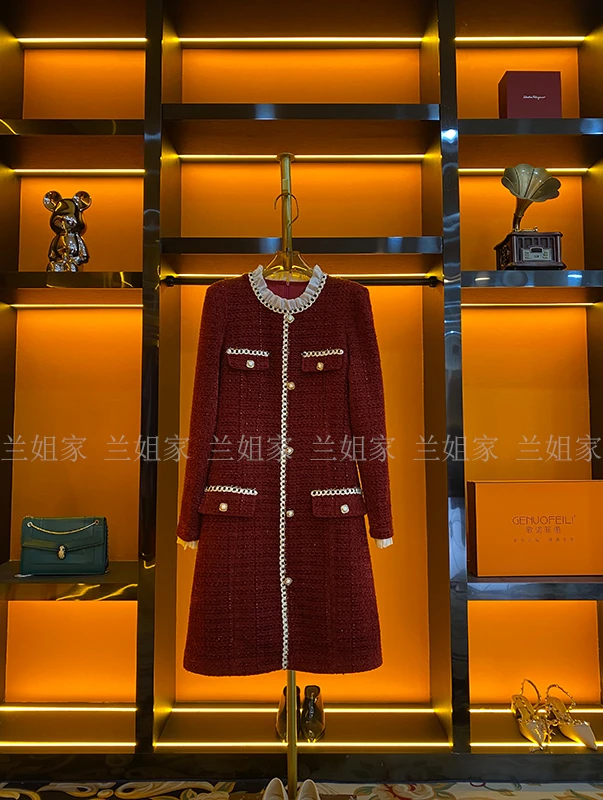 设计师2023年秋冬新款气质荷叶领小香粗花呢长袖轻奢连衣裙名媛