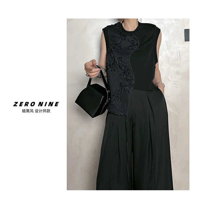 Dan Dan 黑色网面拼接圆领马甲女 春季新款甜酷风