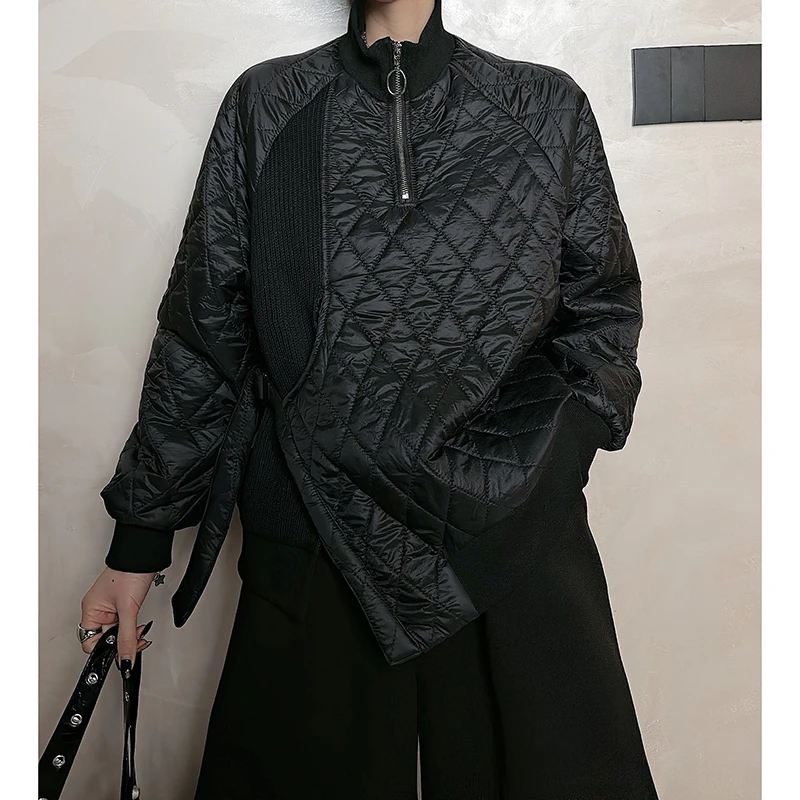 Dan Dan 暗黑风拉链加厚棉衣外套 设计感小众菱格棉卫衣