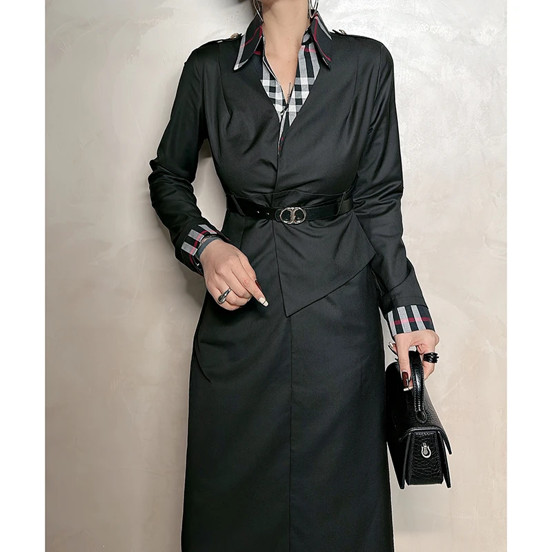 Dan Dan 黑色假俩件大牌感连衣裙女 春季新款高档过膝长款裙子ins