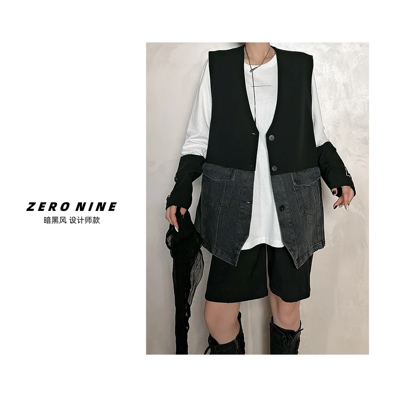 Dan Dan 撞色牛仔拼接坎肩马甲女 春秋款小众西装领无袖马甲外套