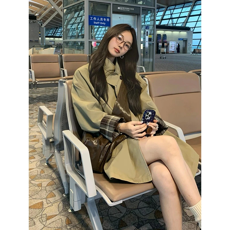 Benview韩系复古撞色休闲风衣外套女春秋款2024英伦风中长款大衣