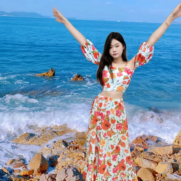 时尚新款法式收腰垂感显瘦遮肚分体碎花长裙泳衣沙滩游泳温泉度假