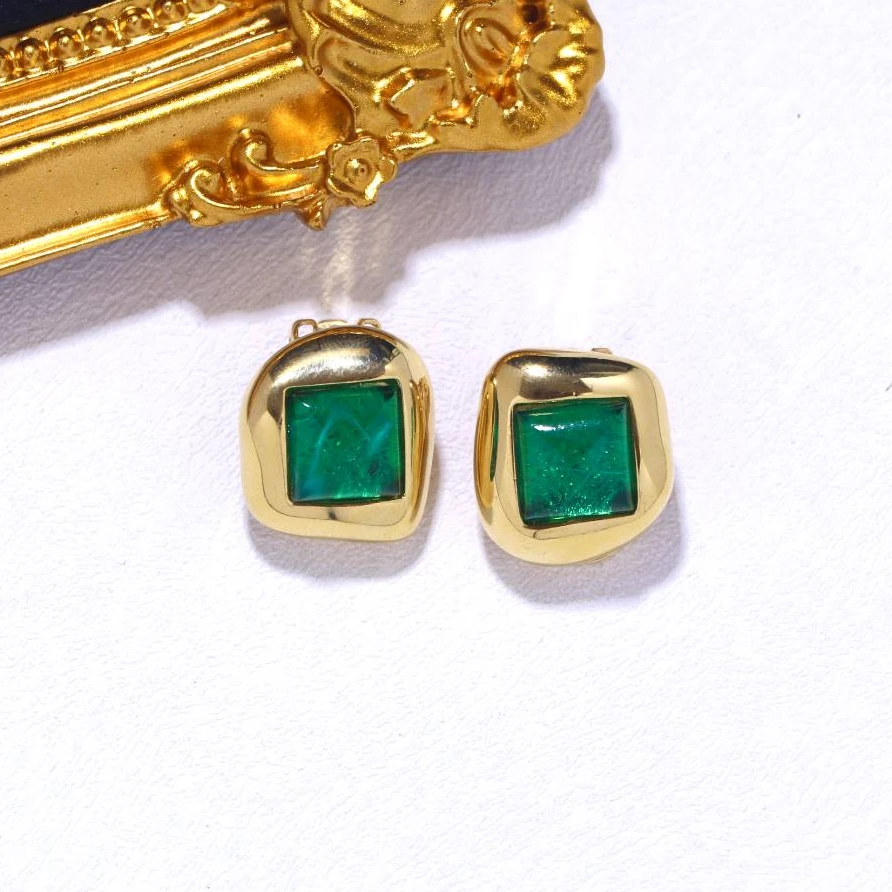 铜合金耳饰 阿烁中古BA绿色琉璃耳夹 as4150