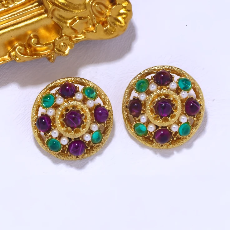 铜合金耳饰 阿烁中古BA白珠绿紫琉璃耳夹 as4125