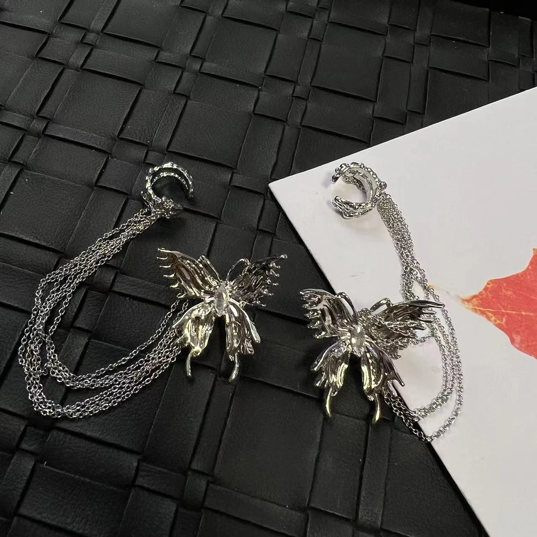 铜合金耳饰 铜合金耳饰 冷淡风蝴蝶流苏耳饰耳夹一体-7405