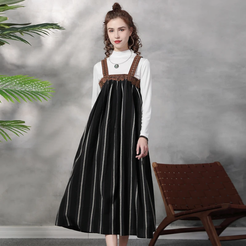 【可可原创】小个子减龄宽松吊带女复古刺绣套头A字连衣裙A82370