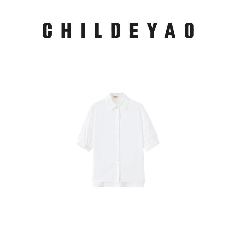 Childe Yao【清平乐】短袖衬衫女薄款宽松褶皱翻领短袖上衣1083
