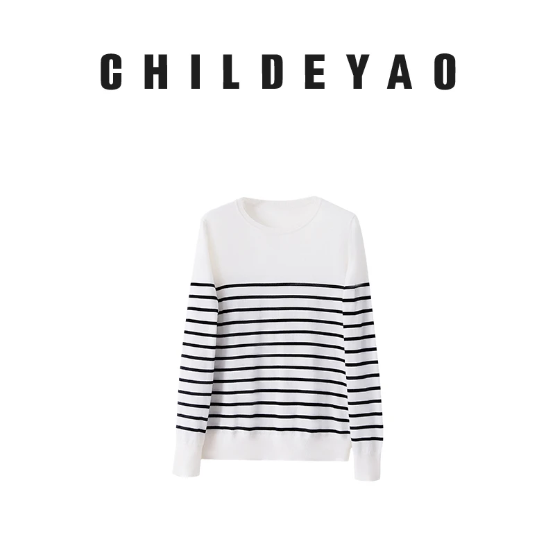 Childe Yao黑白条纹圆领套头羊毛衫女秋新款显瘦羊毛上衣MY-082