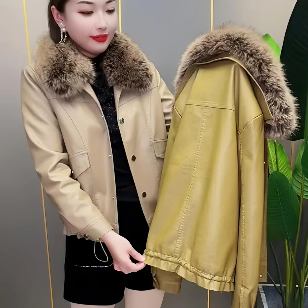 网红加绒加厚皮衣外套女2025秋冬新款妈妈洋气带毛领百搭皮尤上衣