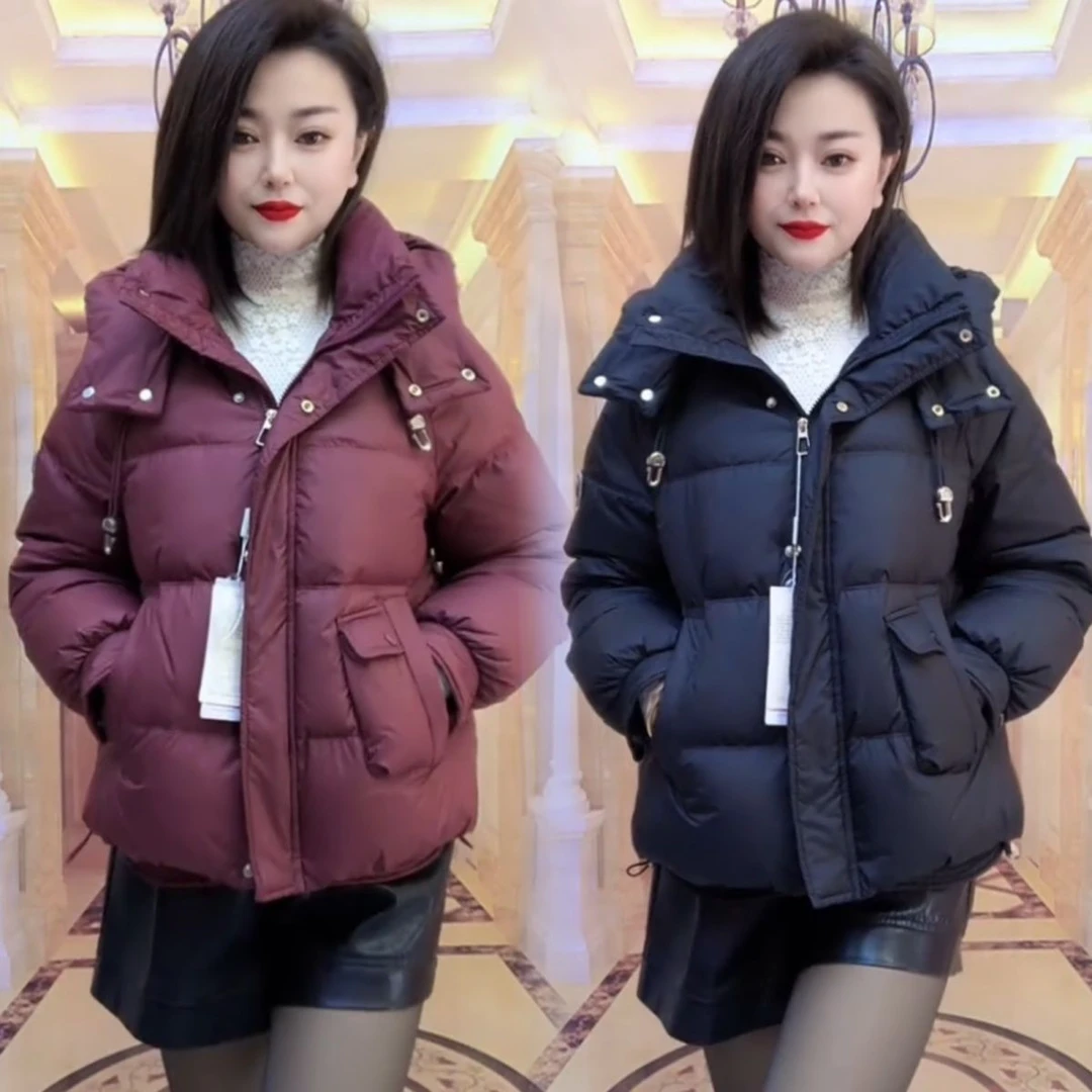 冬季短款面包保暖羽绒服新款连帽小个子加厚中年宽松保暖鸭绒外套