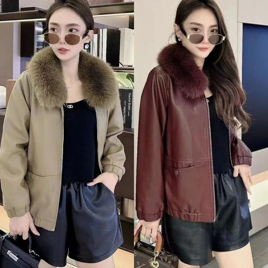 2025秋冬季女士时尚新款休闲百搭毛领加绒加厚洋气皮衣夹克外套潮