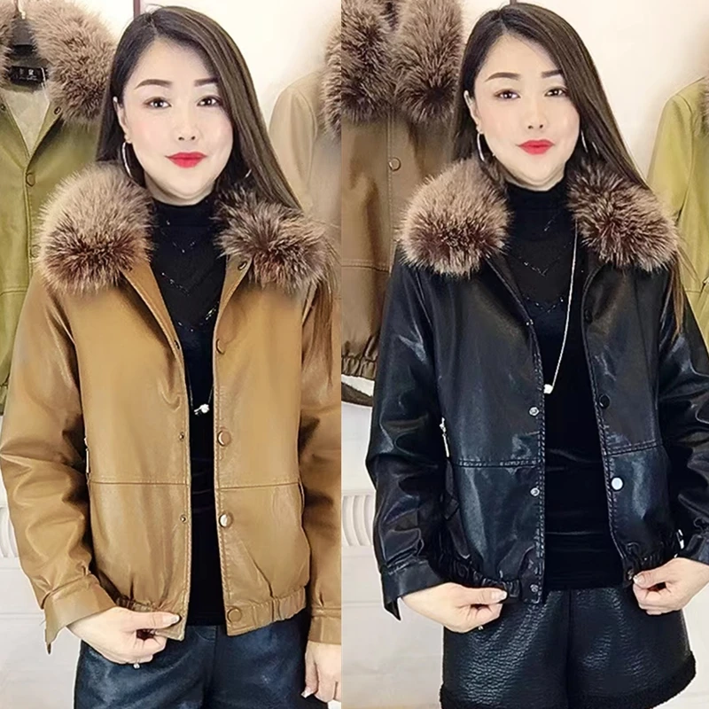 海宁皮衣女短款春秋冬新款加绒带毛领宽松休闲风衣妈妈装大码外套