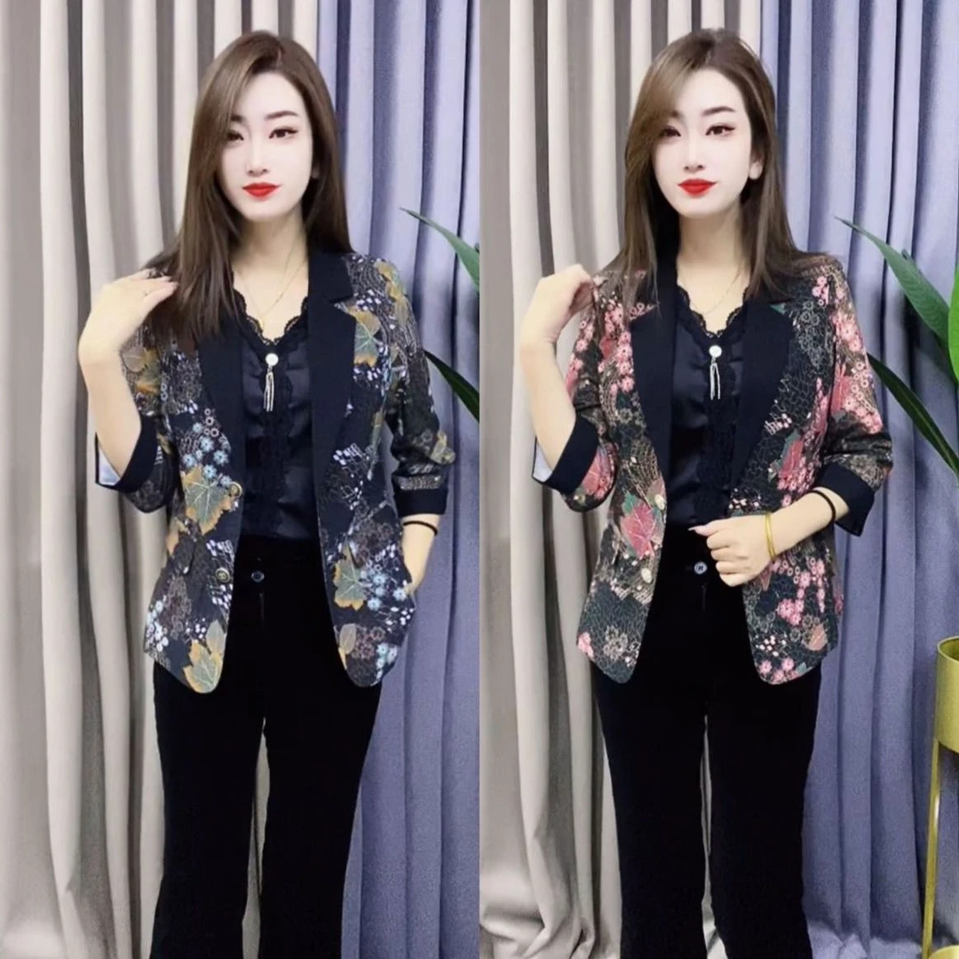 洋气花色薄款西服外套2025时尚西装短款印花新款潮流修身遮肉上衣