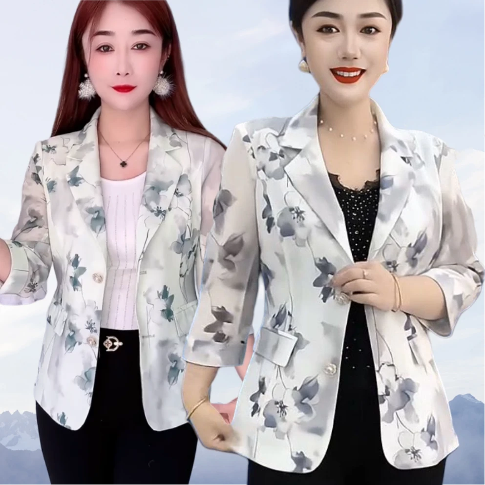 防晒网纱西装外套2025夏新款时尚印花气质修身短款高档西服上衣潮