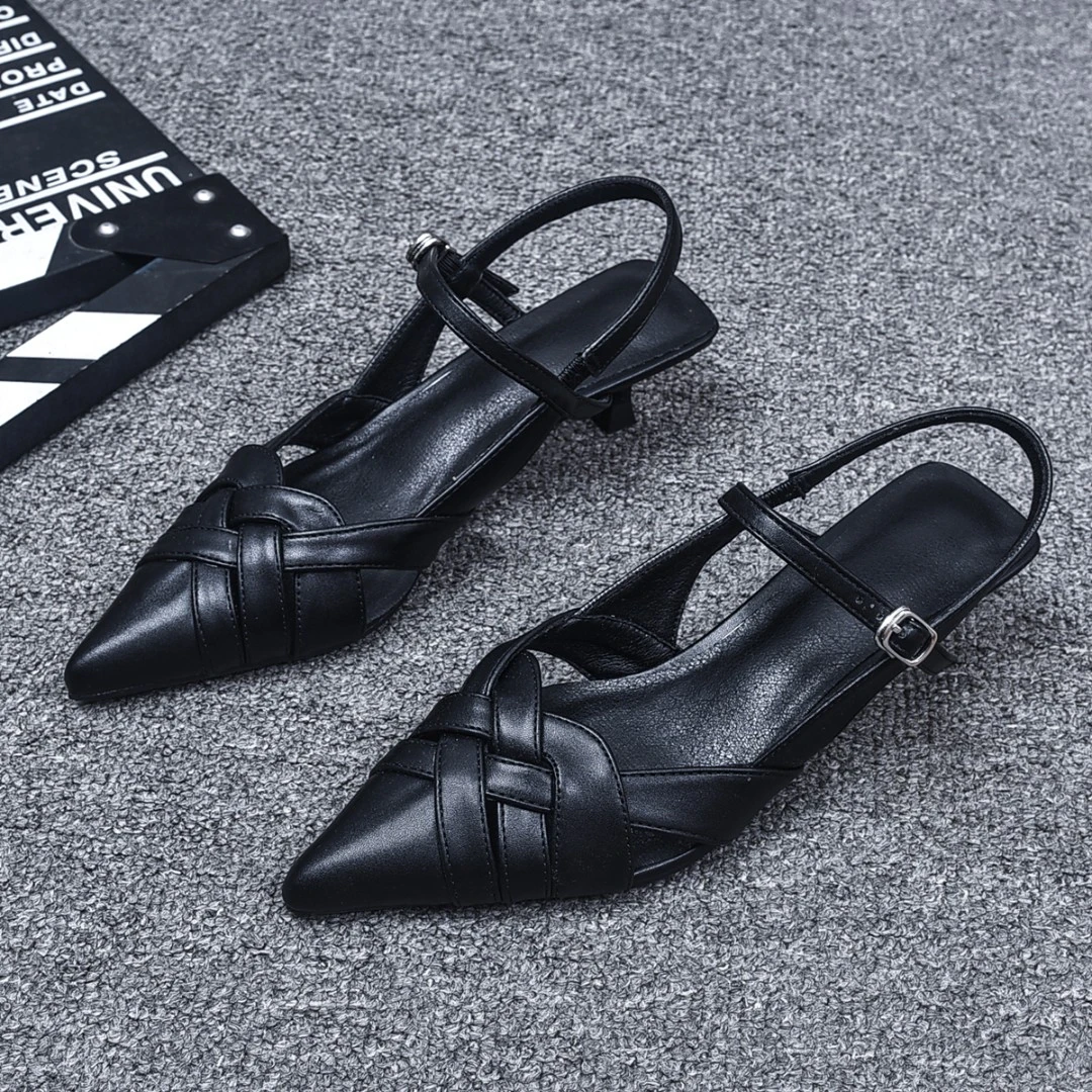 小跟凉鞋女2025新款真皮包头法式镂空单鞋一字扣尖头细猫跟高跟鞋