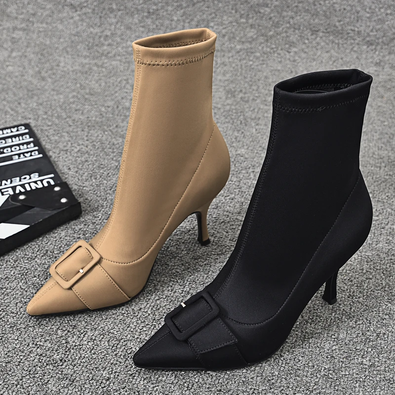 2025新款瘦瘦小跟短靴女春秋单靴韩版法式秋冬季细跟尖头高跟靴子