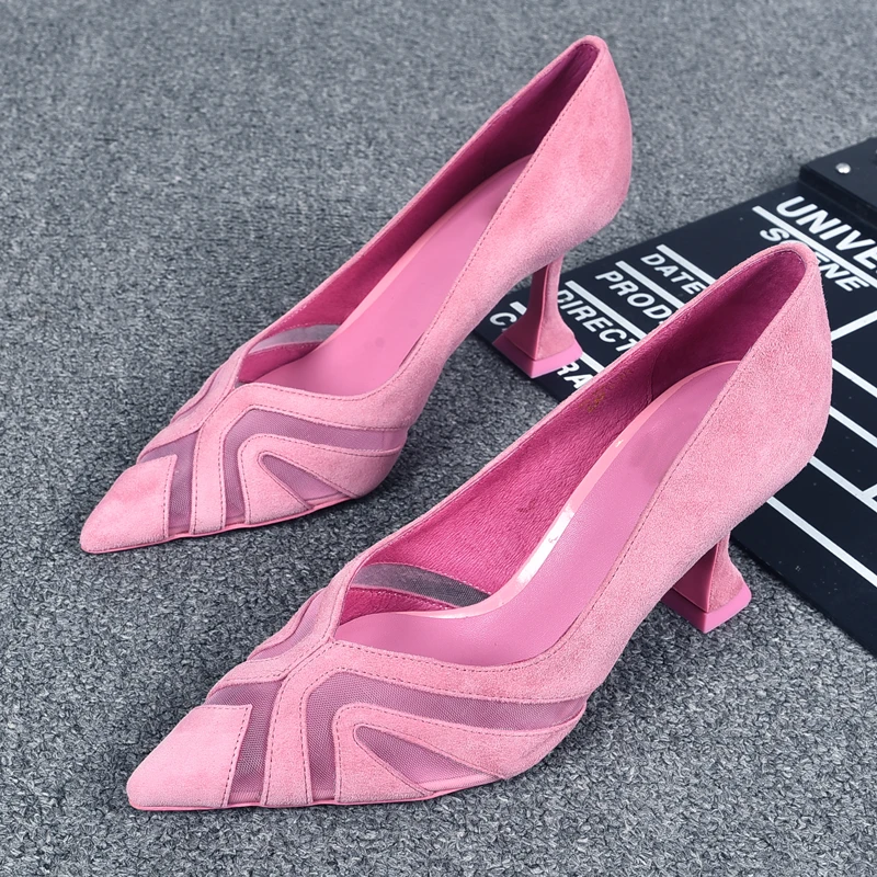 小众气质高跟鞋2025春秋粉色网纱绒面设计感女神范尖头细跟女单鞋
