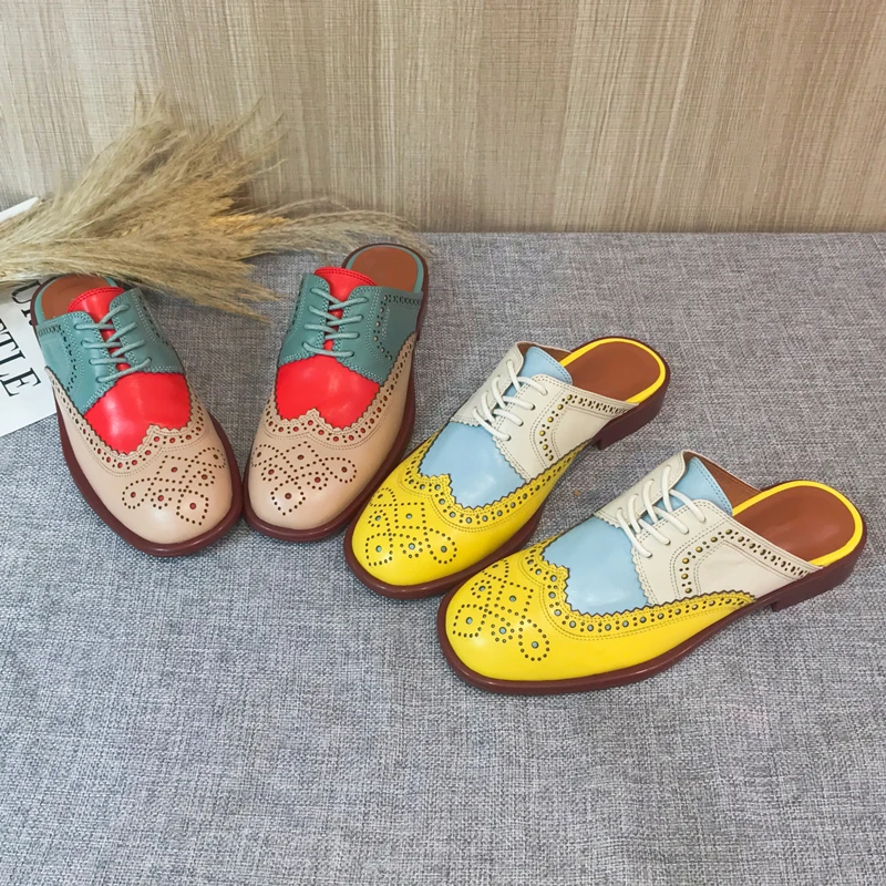 绝美半拖鞋女夏季新款潮流仙女风平底拖鞋包头懒人凉拖拼色穆勒鞋