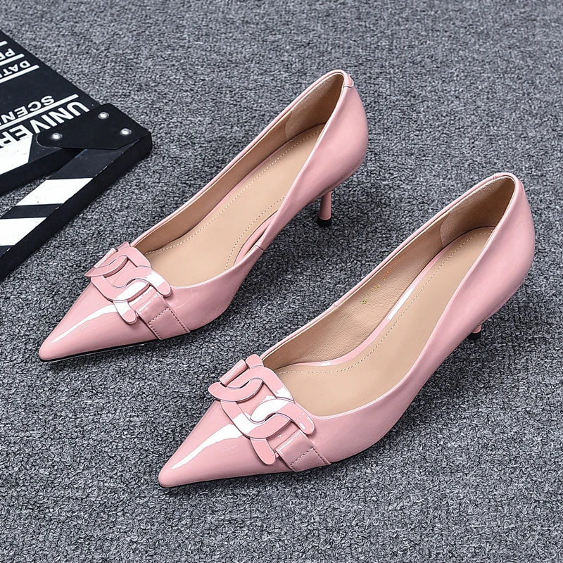 漆皮高跟鞋2025年春秋新款欧货尖头细跟浅口麻花扣纯色百搭女单鞋