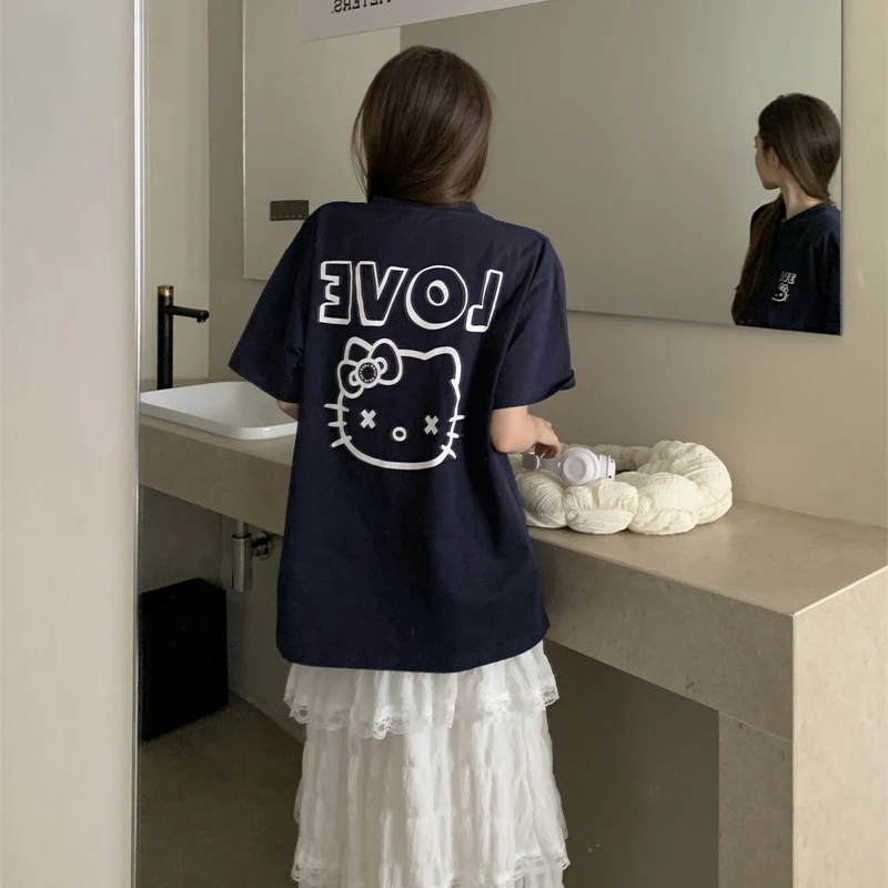 夏季火龙果色纯棉短袖t恤KT猫印花百搭半袖圆领高考毕业季上衣