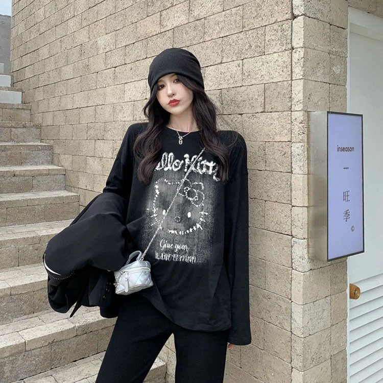 港风insKT猫纯棉打底衫潮牌T百搭t恤秋冬洋气大码女装长袖情侣装