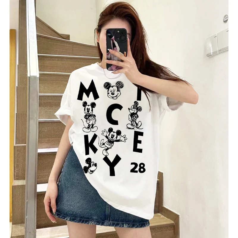 港风ins米奇卡通图案潮牌百搭t恤上衣洋气女装纯棉短袖情侣装半袖