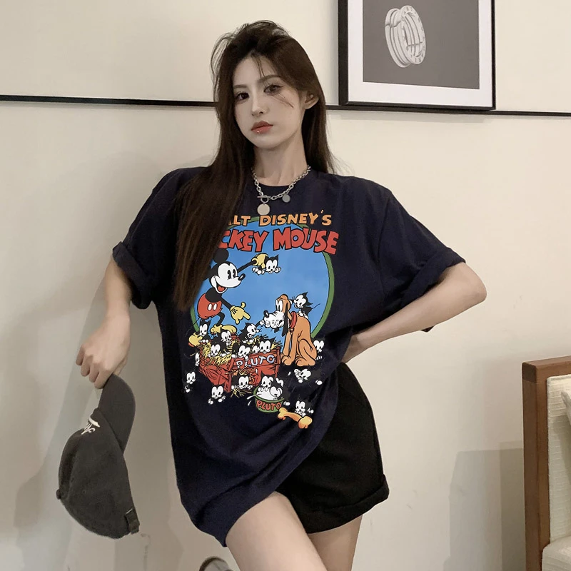 米奇纯棉220克圆领纯棉短袖T恤女2024夏季爆款女装时尚百搭上衣