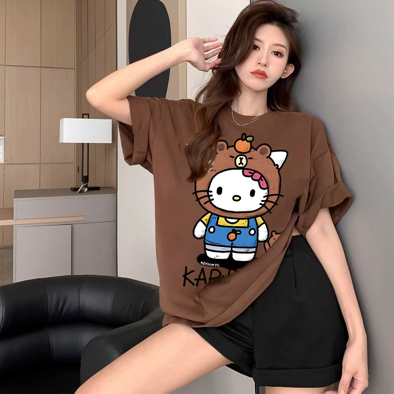 KT猫夏季休闲百搭女装上衣ins港味卡通印花纯棉短袖T恤大妈女装