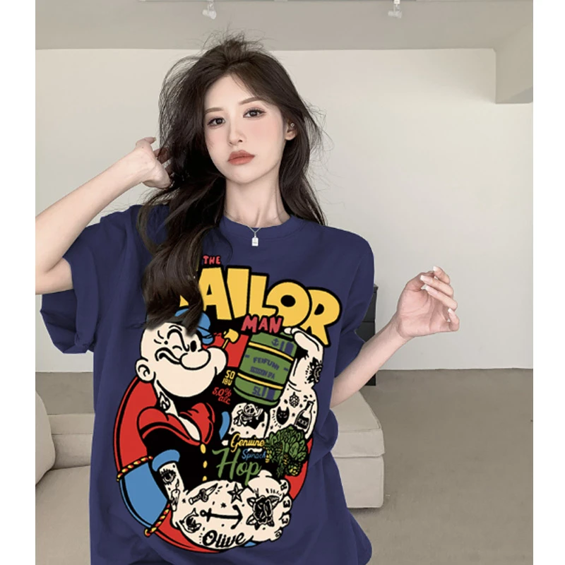 大力水手纯棉短袖女t恤时尚百搭卡通洋气上衣女款夏季高级感男女t