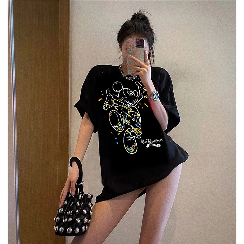 港味ins纯棉短袖t恤韩版休闲宽松大码女装夏装米奇卡通上衣情侣装