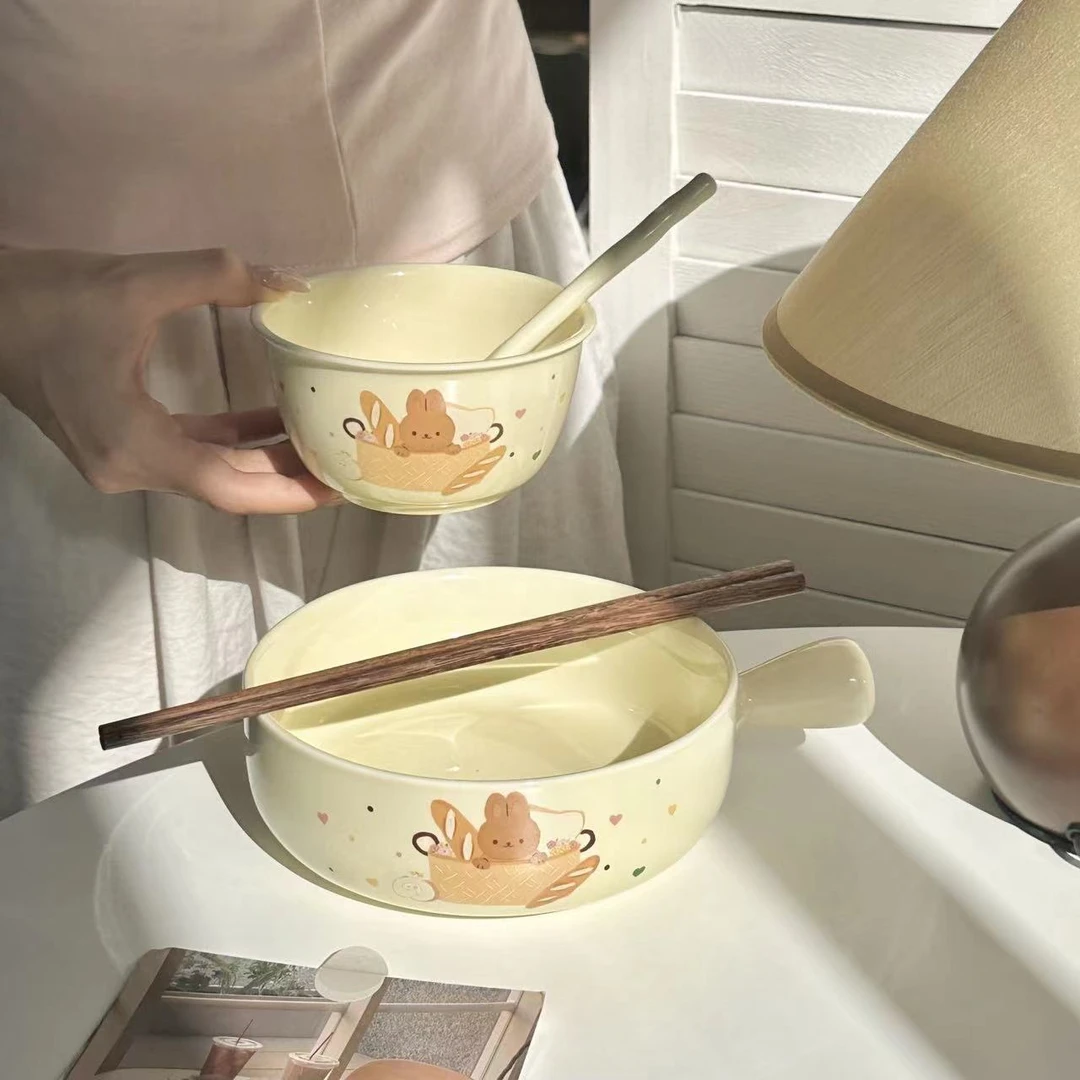 ins陶瓷奶油泡面饭碗餐具手柄碗可爱甜品一人食高颜值家用餐具yj