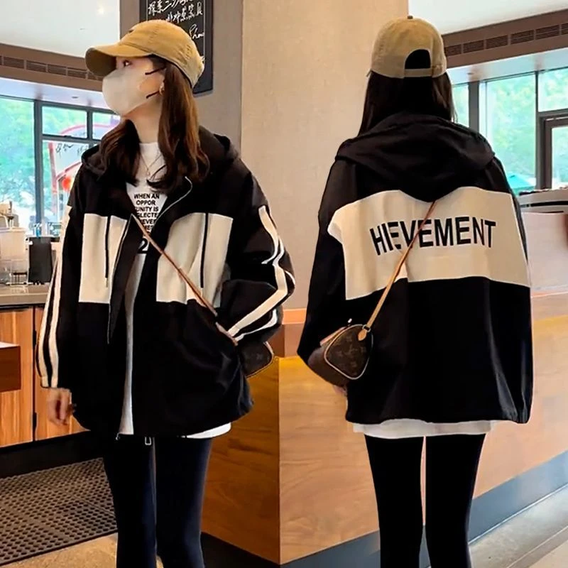 连帽撞色冲锋衣加绒外套女秋2024新款小个子休闲棒球服高级感上衣