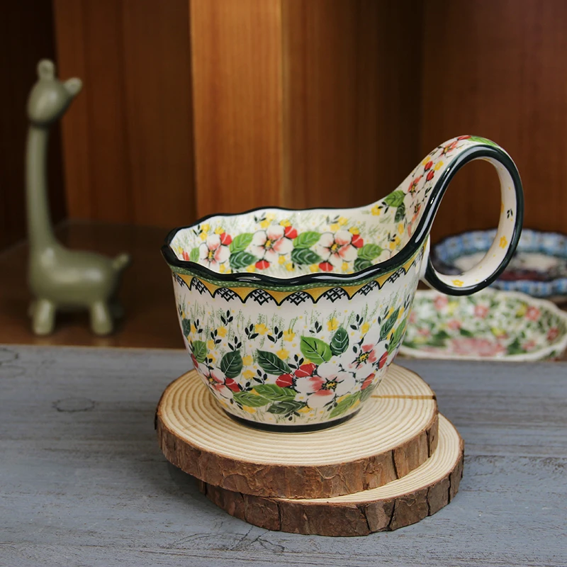 梧桐花创意曲把杯釉下彩米饭碗手工瓷碗家用曲把碗陶瓷双耳奶杯