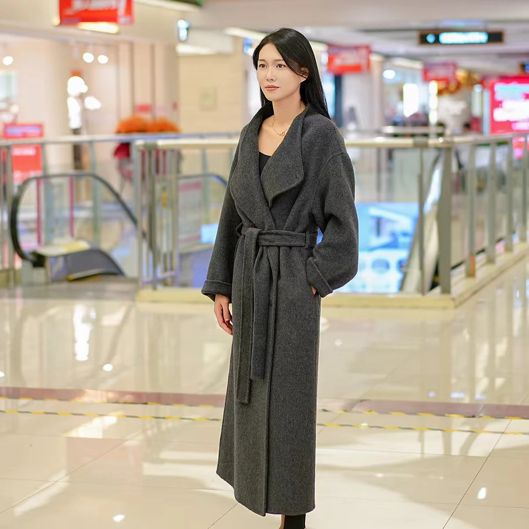 2024长款大衣外套女慵懒风秋冬季宽松气质高级感系带双面呢大衣