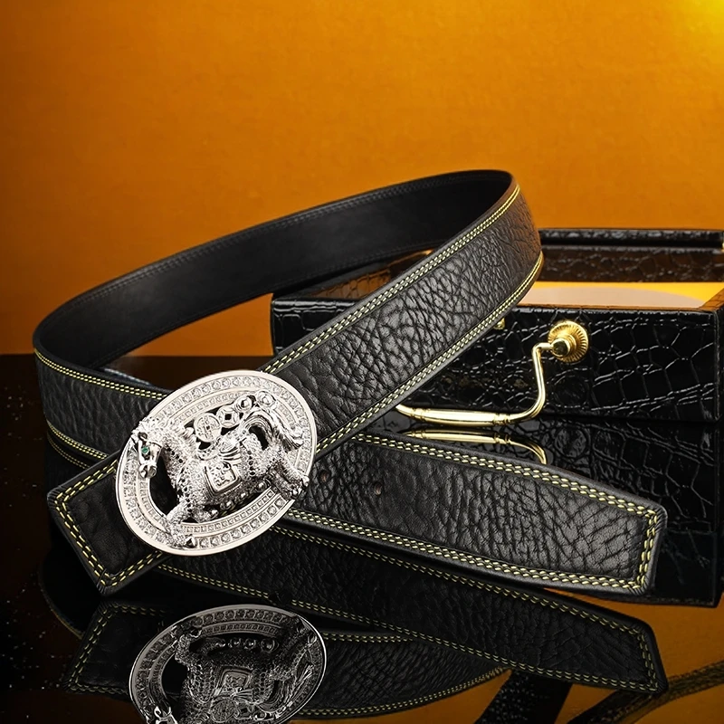 新款不锈钢生肖马扣头男士牛皮腰带潮流真皮内穿皮带时尚休闲裤带