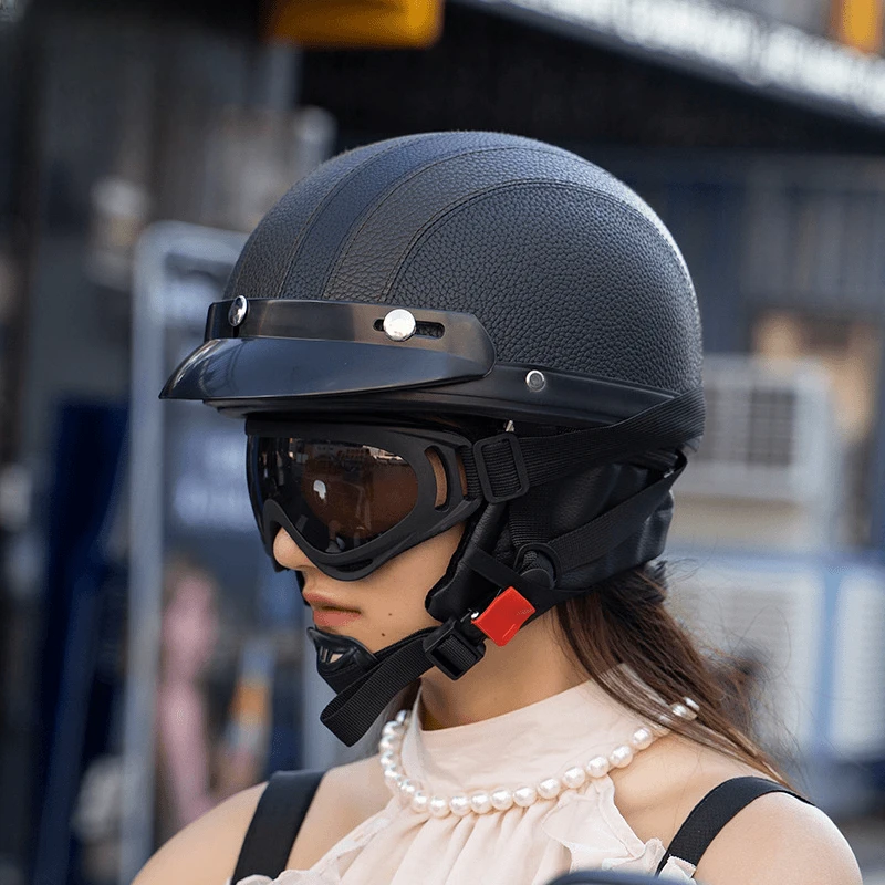 哈雷PU皮复古头盔带风镜围脖男女骑行遮阳四季安全防护脚踏车半盔