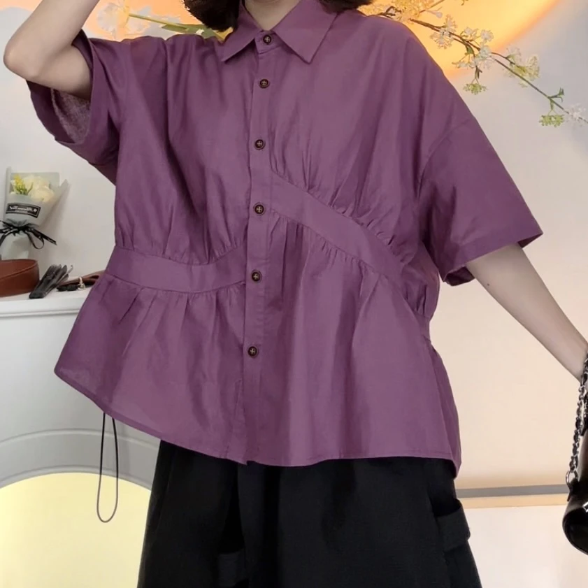 清! 自制夏季“紫东来”麻棉料气质感显瘦法式浪漫休闲短袖衬衫