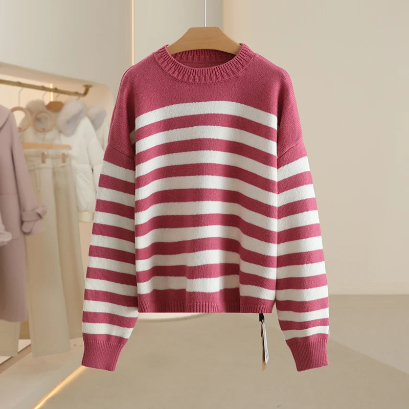 【苏】绵羊毛条纹基础宽松圆领毛衫2024冬季新款七号铺品牌女装