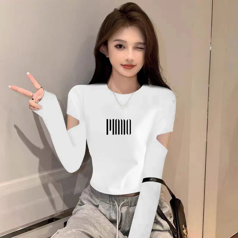 割破袖洋气螺纹设计感长袖辣妹白色打底衫女修身秋冬内搭短款上衣