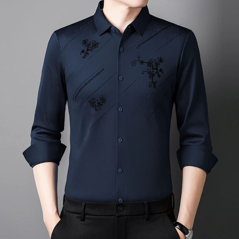 欧仕金盾高端定制2024春秋新款植绒男士长袖衬衫高档时尚无痕免烫