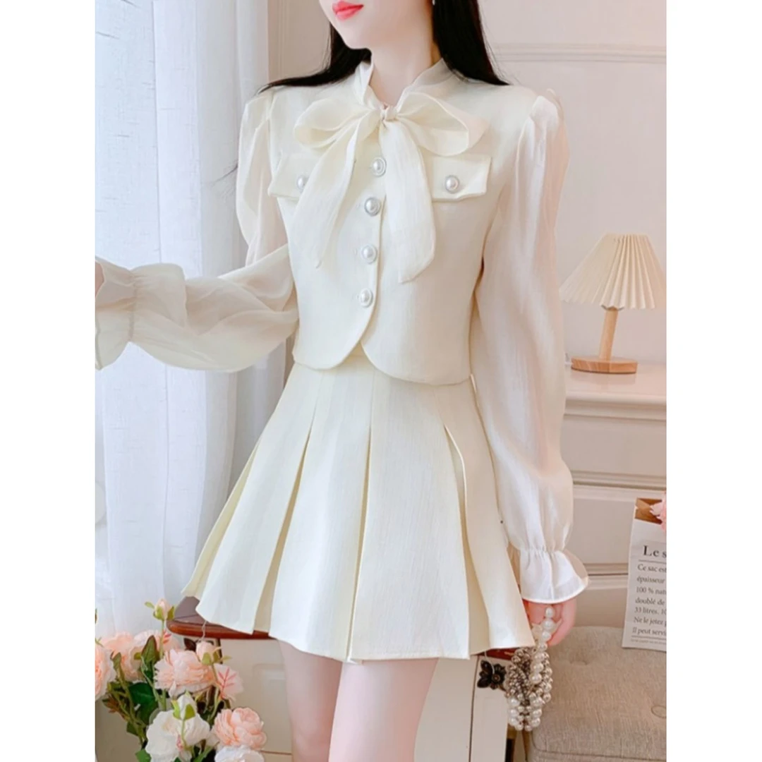 春裙子新款气质名媛感两件百褶裙小香风蝴蝶结衬衣秋季小个子女