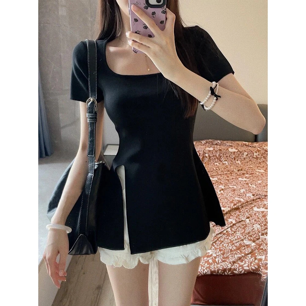 黑色方领正肩针织短袖T恤女夏季设计感小众收腰显瘦开叉上衣薄款