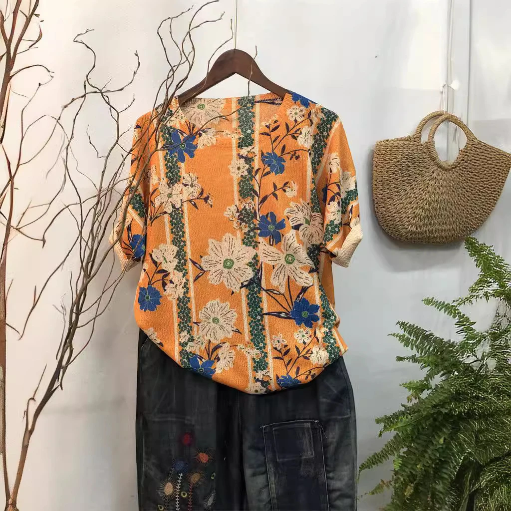 2024夏季新款原创印花针织衫休闲大码宽松顺纹牛牛