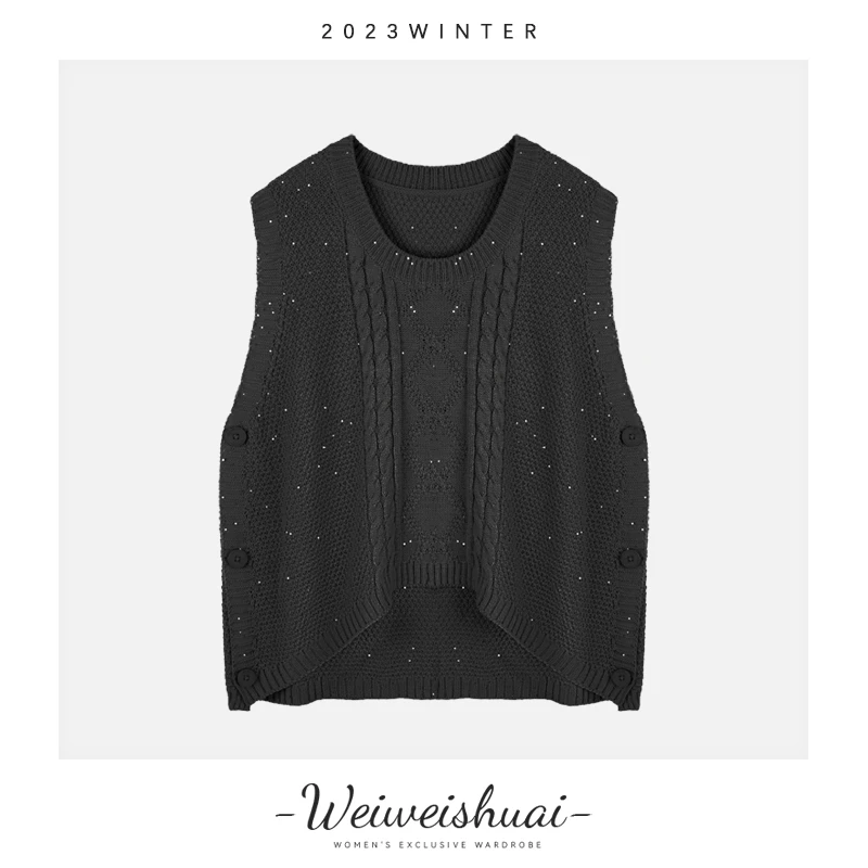 23100春秋时尚闪闪宽松无袖圆领套头针织马甲